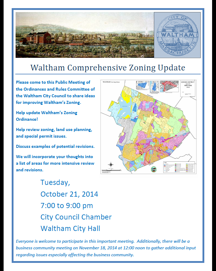 Waltham Zoning Meeting – October 21, 2014 ~ 7pm  Cedarwood 